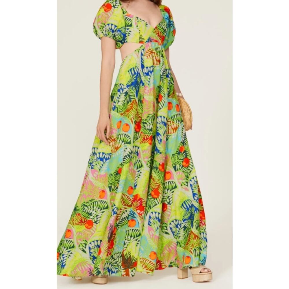 STAUD Tropical Cutout Maxi Dress in Lime Green with Multicolor Print